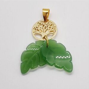 Carved Green Jade Leaf Tibetan Gold Tree Life Pendant 1.75"
